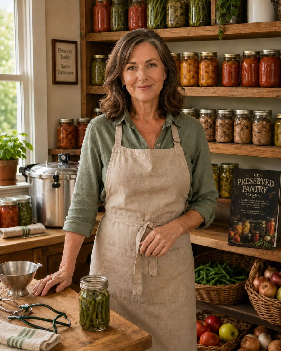 The Preserved Pantry — the author beside a full shelf of home-canned jars, holding the manual