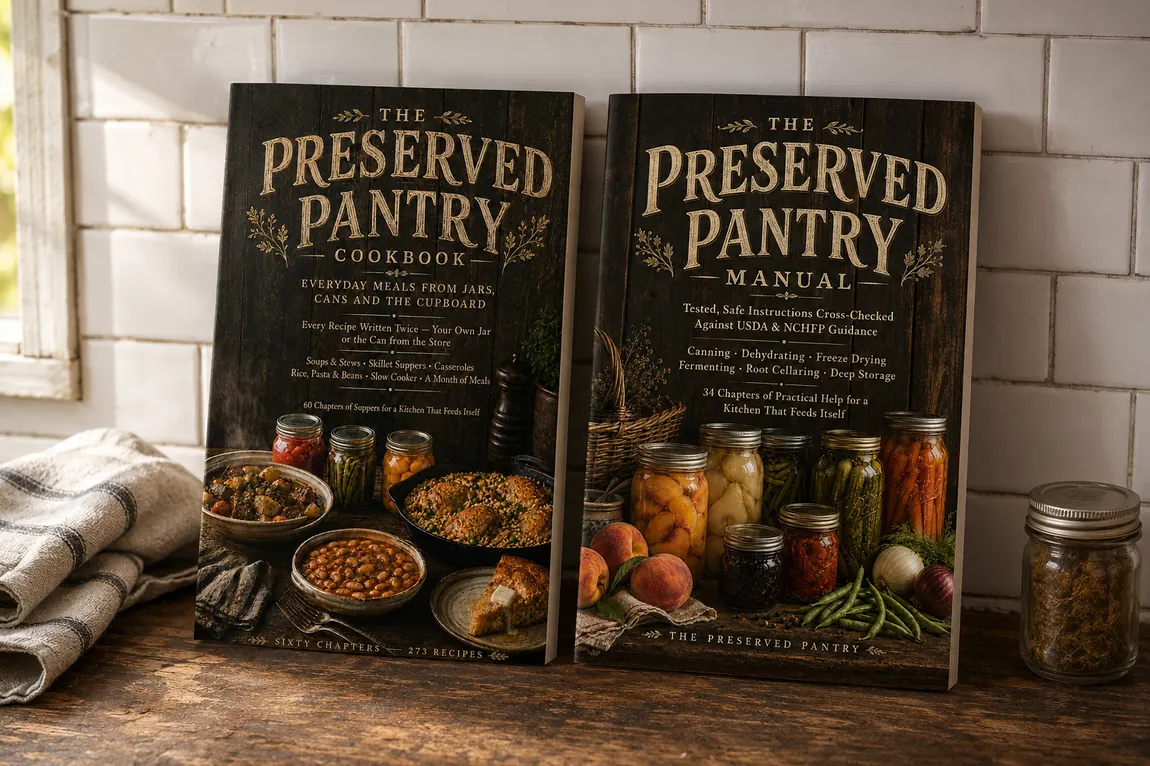 The Preserved Pantry Cookbook and Manual standing side by side on a kitchen counter against a white tile backsplash