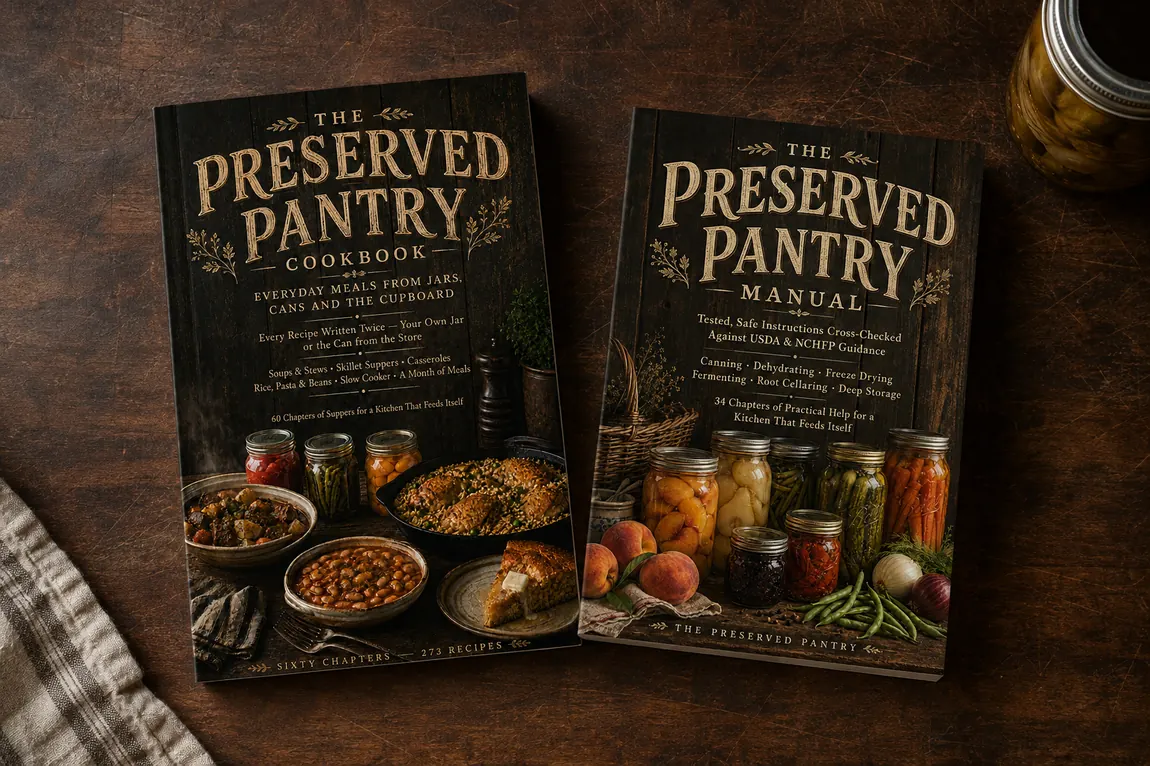 The Preserved Pantry Manual and Cookbook lying side by side on a dark wooden table