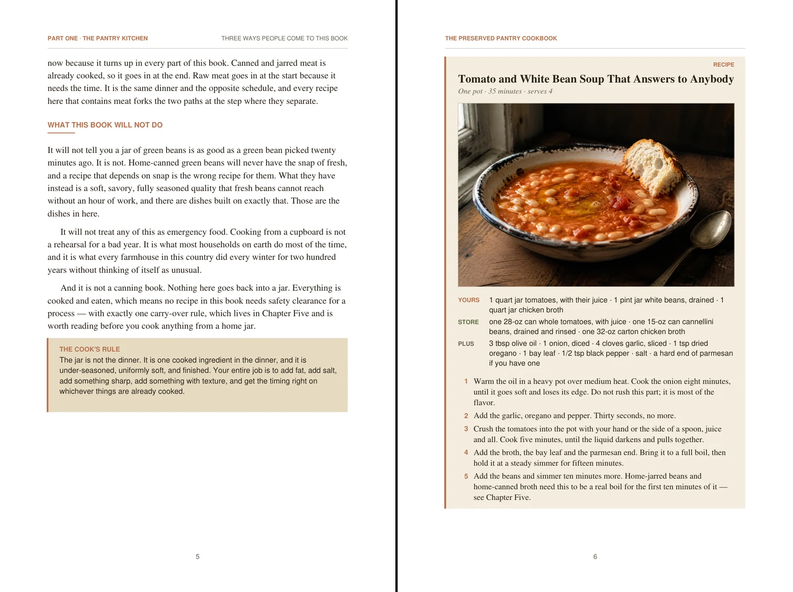 A recipe page from The Preserved Pantry Cookbook, tomato and white bean soup, shown beside the facing page of text